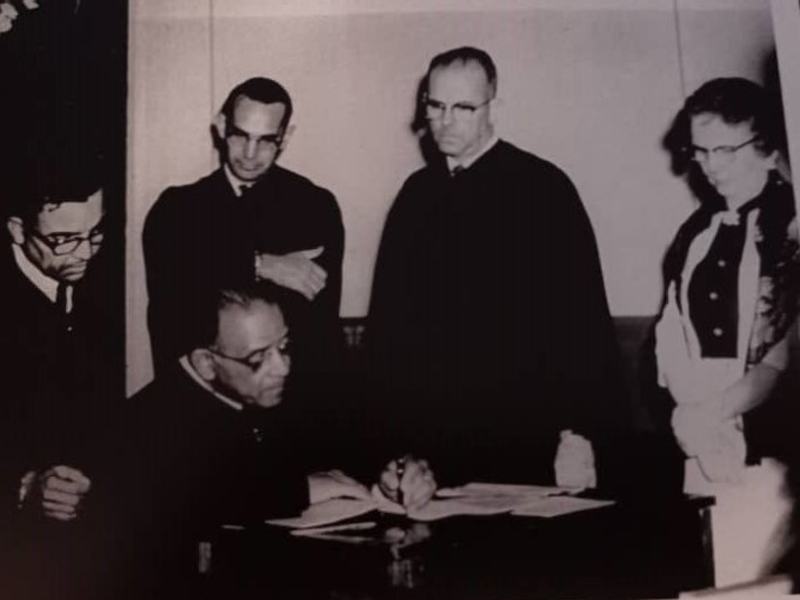 This historic photo shows the 1961 signing of the integration of the Presbyterian Church of Venezuela and the Presbyterian Mission of Venezuela. (Photo contributed by Loida de Valera, an elder in the Presbyterian Church of Venezuela)