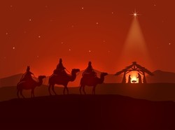 Graphic of three wise men approaching manger