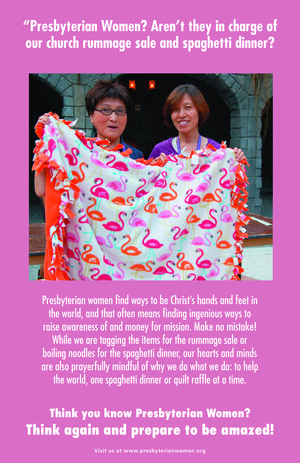 Presbyterian Women holding handmade blanket