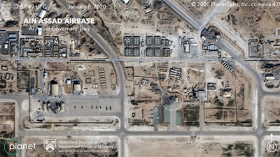 Satellite photo from the commercial company Planet shows damage to at least five structures at the Ain al-Assad air base in Iraq.