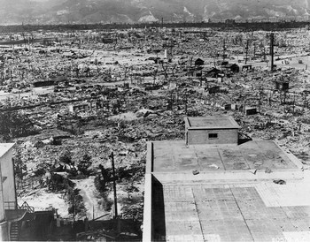 Hiroshima, after the first atomic bomb explosion. This view was taken from the Red Cross Hospital Building about one mile from the bomb's detonation.