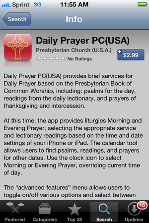 Screen shot of P:C(USA) daily prayer app on iPhone
