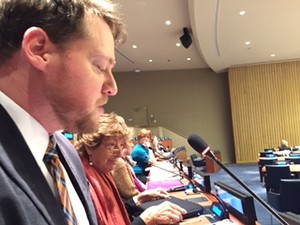 Ryan Smith (far left) from the Presbyterian Ministry at the United Nations addresses the 60th (2016) UN Commission on the Status of Women.