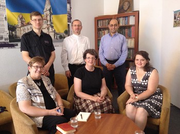 Paetzold, Beblawi, Smith and Morey of the PC(USA) meet with Bishop Sergey Maschewski and two pastors of the Lutheran Church in Odessa, Ukraine.