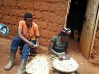 Verdianne and Belancille preparing cassava in front of their kitchen.